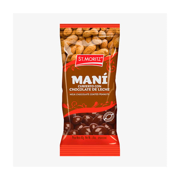 Maní Cubierto con Chocolate de Leche St. Moritz. 40 g