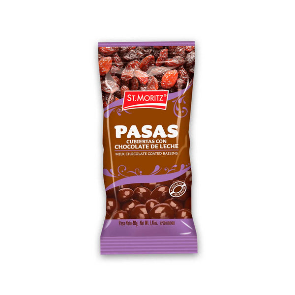 Pasas Cubiertas con Chocolate de Leche St Moritz. 40 g